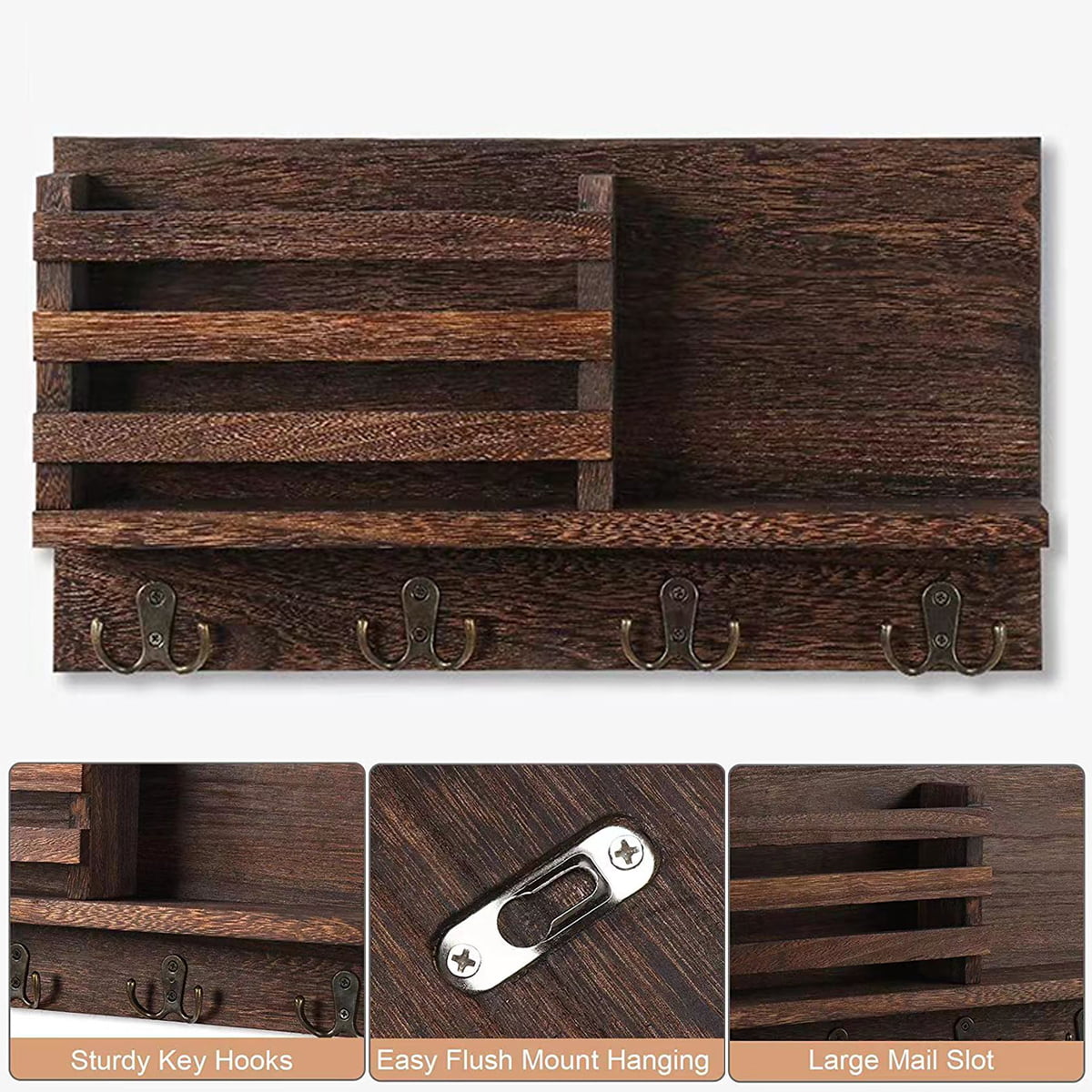HRONRAD Rustic Key Holder for Wall, Farmhouse Wall Shelf with 4 Hooks, Wall  Mounted Key Racks, Wooden Mail Organizer with Hooks for Entryway (Brown)