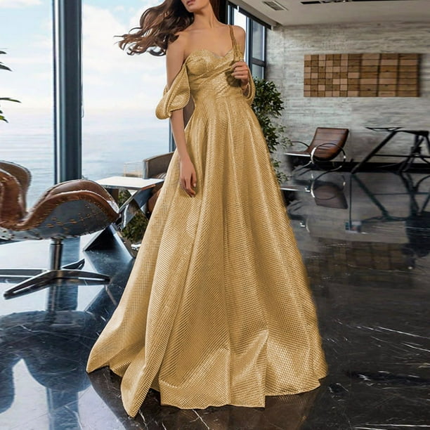 EHQJNJ Gold Evening Gowns for Women Formal Elegant Women Sequins Long Satin Off Shoulder Bridesmaid Dress Formal Evening Gowns Dress