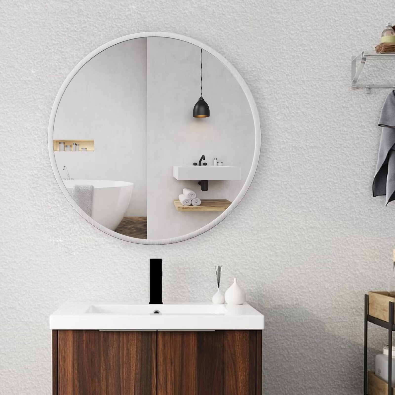 24 Inch Bathroom Mirror, Wall Mounted Round Mirror with Brushed Sliver Aluminum Frame, Modern Circle Hanging Mirror for Bathroom, Living Room