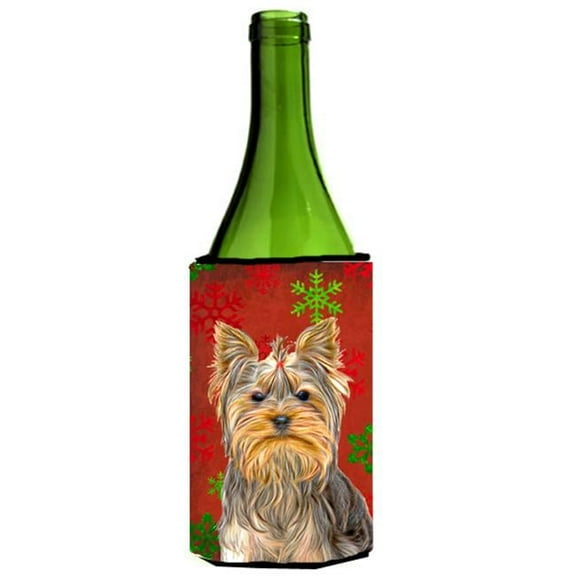 Red Snowflakes Holiday Christmas Yorkie & Yorkshire Terrier Wine bottle sleeve Hugger