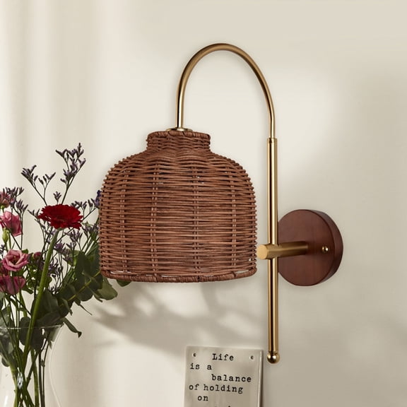 Rattan Boho Wall Sconce Light, Seabrook Elegant Relaxed Ceiling Light, Natural Weaved Ceiling Hanging Light Fixture for Bedroom Bedside Hallway Living Room