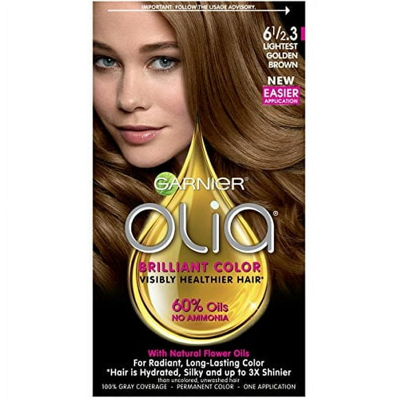 Garnier Olia Ammonia Free Permanent Hair Color, 100 Percent Gray Coverage (Packaging May Vary), 6 1/2.3 Lightest Golden Brown Hair Dye, 1 Kit
