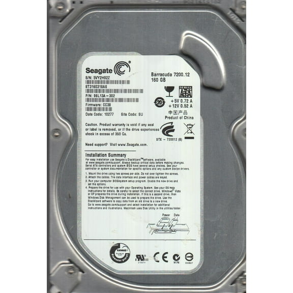 ST3160318AS, 5VY, SU, PN 9SL13A-302, FW CC38, Seagate 160GB SATA 3.5 Hard Drive