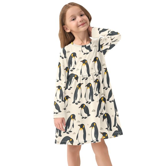 Girls Dress Soft Casual Long Sleeve Cute Dress for Girls Fashion Prints Penguins Winter Crew Neck