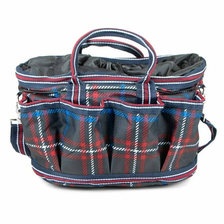 Jeffers Poplar Head Grooming Bag  Horse Grooming Organizer Tote with Pockets for Brushes  Tools  Clippers  Shampoo  Detangler  Stable Barn Kit Carrier for Horses  Pets  Navy & Merlot Plaid