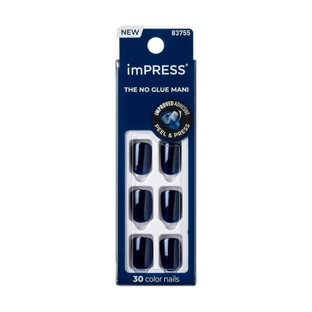 KISS imPRESS Color Press on Nails, Never Too Navy, Blue, Short Squoval, 30 Count