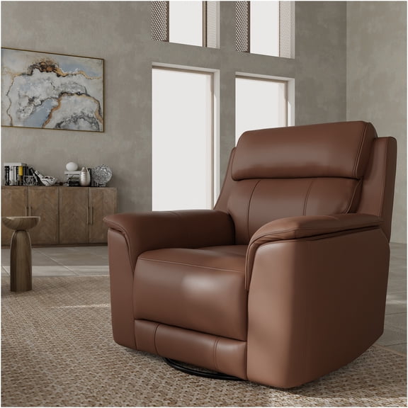 JERFIT Oslo Manual Swivel Glider Recliner Chair with 360 Rotation, Genuine Leather, Pecan Color, for Living Room, Bedroom