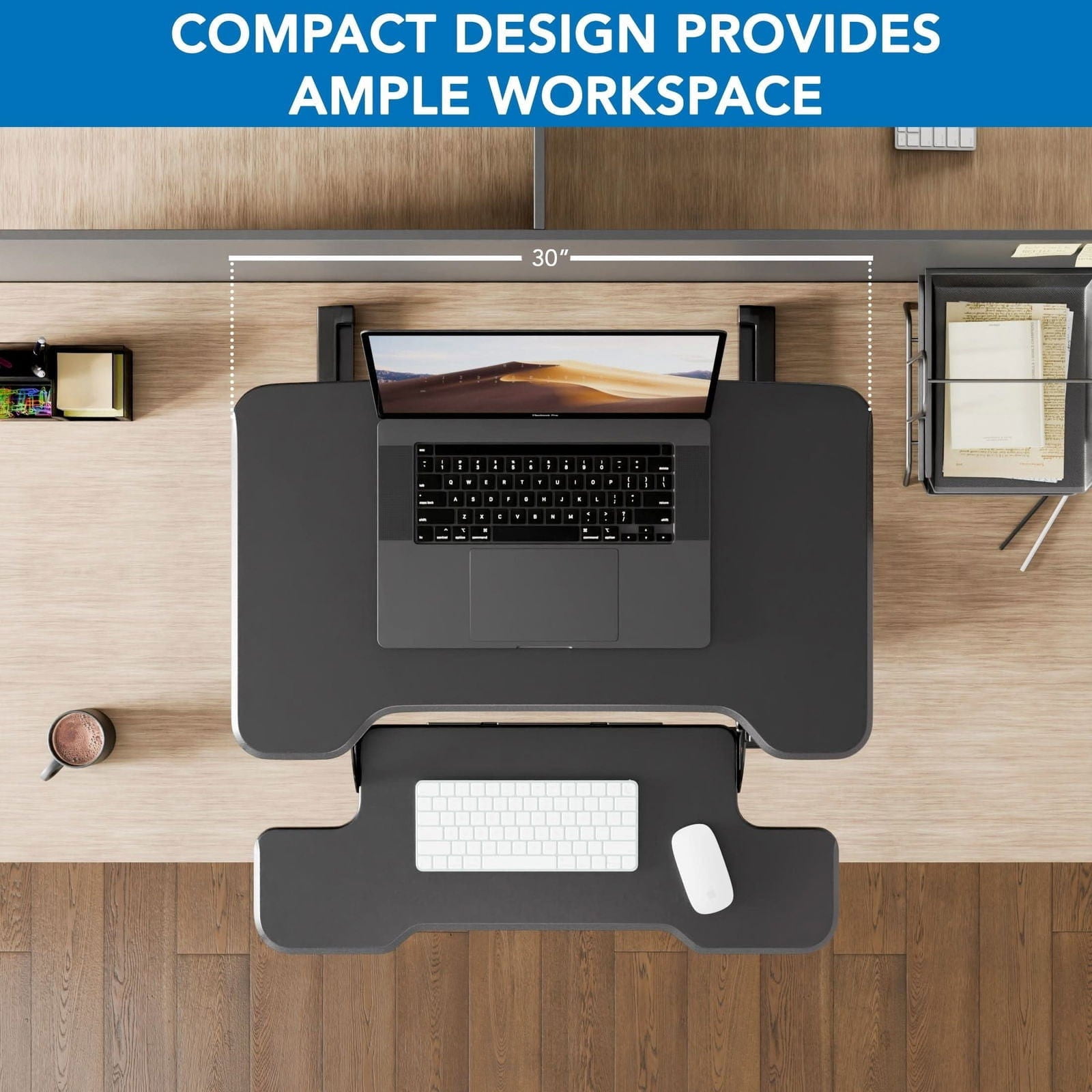 30'' Compact Standing Desk Converter – Height Adjustable Sit Stand Riser with Keyboard Tray, Gas Spring Lift – Ideal for Small Spaces, Home or Office, Black