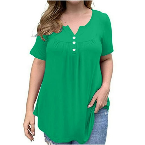 Summer Saving Wycnly Womens Tops Dressy Casual Short Sleeve V-Neck Solid Summer Shirts Button Down Pleated Swing Hem Plus Size Tunic Blouse Mint Green XXXL Clearance Clothes