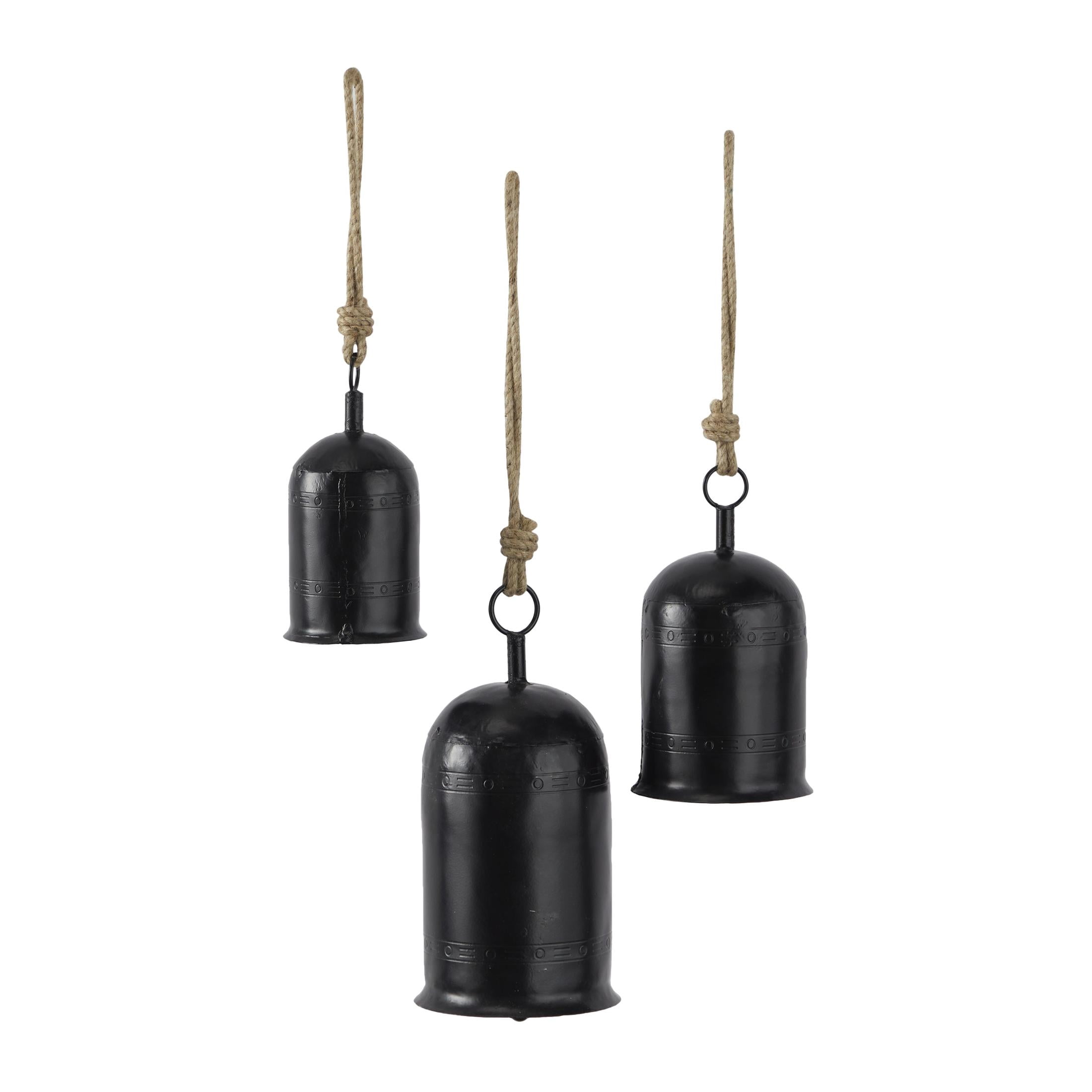 DecMode Tibetan Inspired Black Metal Cylindrical Decorative Cow Bells with Jute Hanging Rope, 3 Count