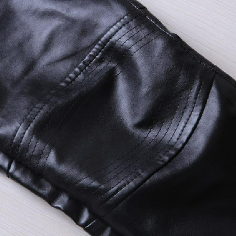 Men's Casual Slim Fit Genuine Leather Black Shiny Pants Punk Leather Mens  Trousers Pant