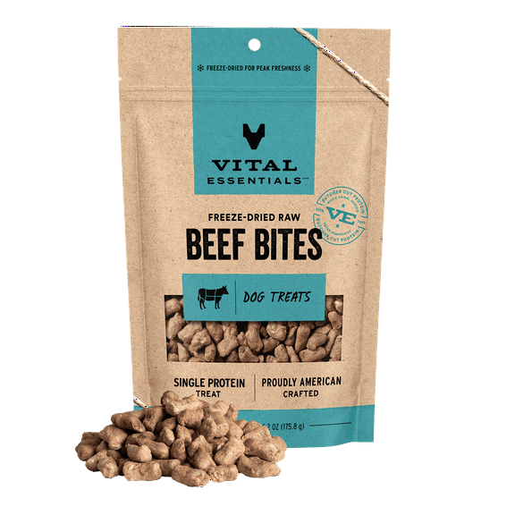 Vital Essentials Beef Bites Dog Treats, 6.2 oz | Freeze-Dried Raw | Single Protein | Training Treats or Meal Toppers
