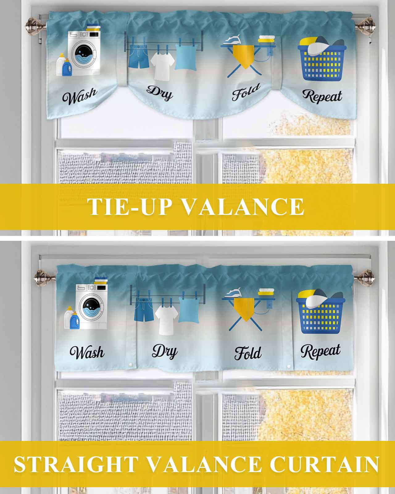 Wash Dry Fold Repeat Tie Up Valances Curtain, Laundry Clothes Gradient Blue Kitchen Valances for Windows Decor, Rod Pocket Short Curtains Set for Bedroom/Bathroom, 54"x18"