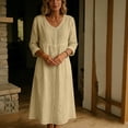 thumbnail image 4 of ClodeEU Women's V Neck 3/4 Sleeve Linen Blend Maxi Dress,Casual Loose Dress with Pockets Beige,Women's Plus L, 4 of 7