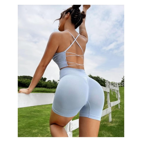 Women's Workout Sets 2 Piece Criss Cross Back Sport Bra with Yoga Shorts Women Seamless Workout Sets Strappy Sports Bra High Waist Booty Shorts Outfits Light Blue S