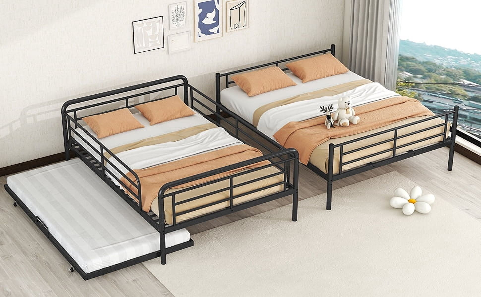 MAYEERTY Full XL Over Queen Metal Bunk Bed Frame with Twin Size Trundle for Kids and Adults, with Full-Length Guardrail, Black