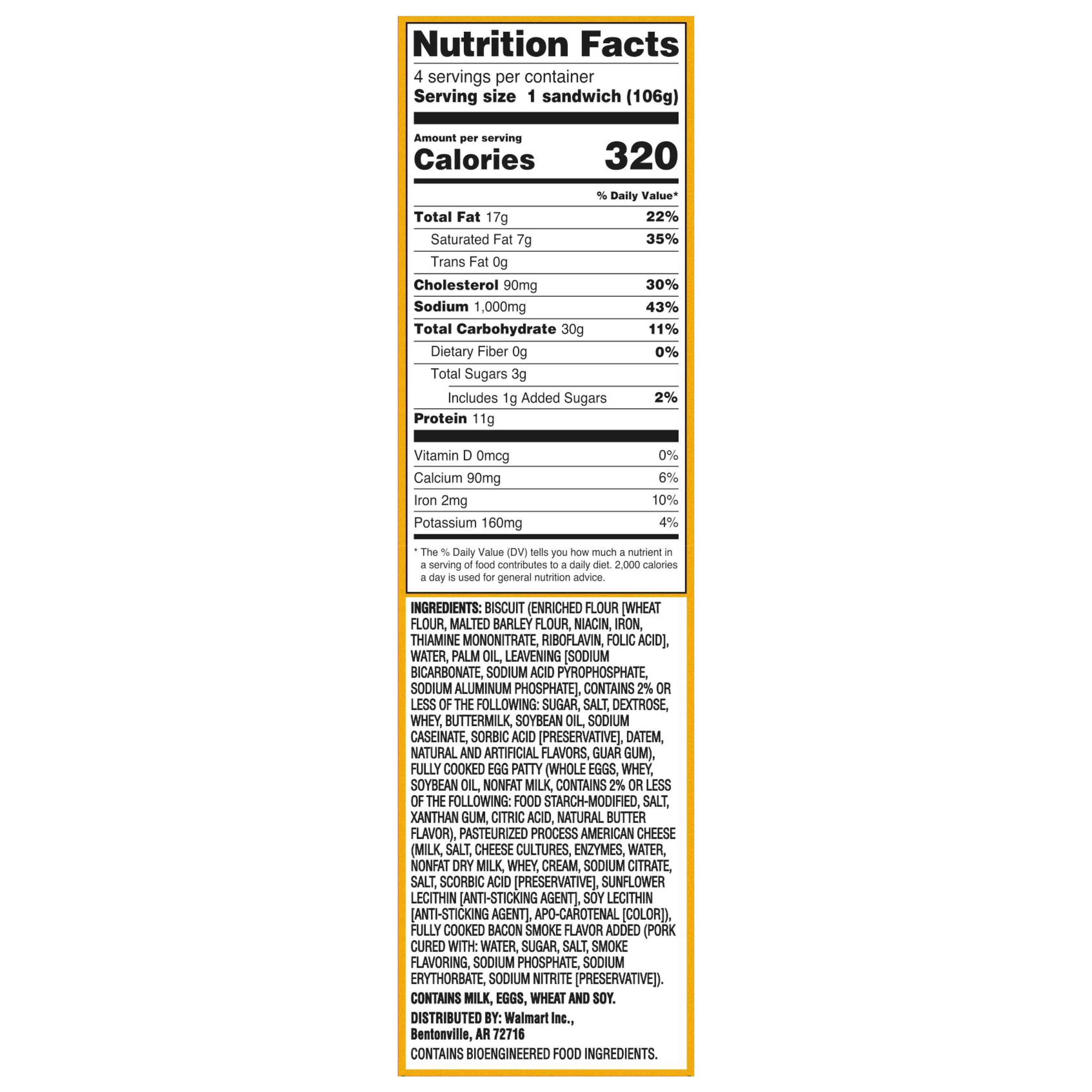 Great Value Biscuit Sandwiches Bacon Egg and Cheese, 3.76 oz, 4 Count (Frozen)