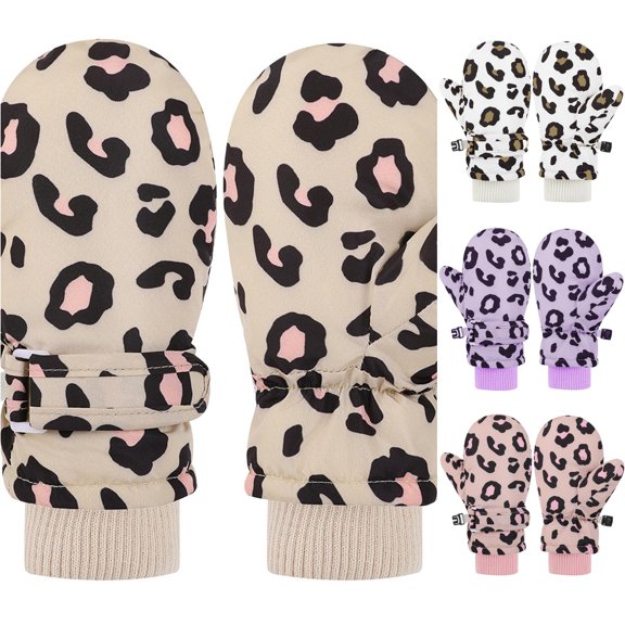 TBWNWG Toddler Cartoon Leopard Print Mittens Skiing Kids Baby Winter Outdoor for Girls Boys,4-10 Years