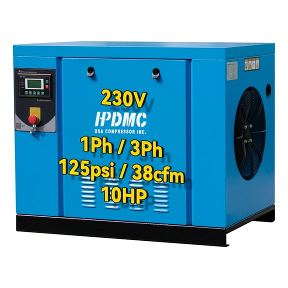 HPDMC 10HP Rotary Screw Air Compressor, 208-230V 1-Phase/3-Phase, 38 CFM @ 125 PSI, Variable Frequency Drive,42×29×39 Inch