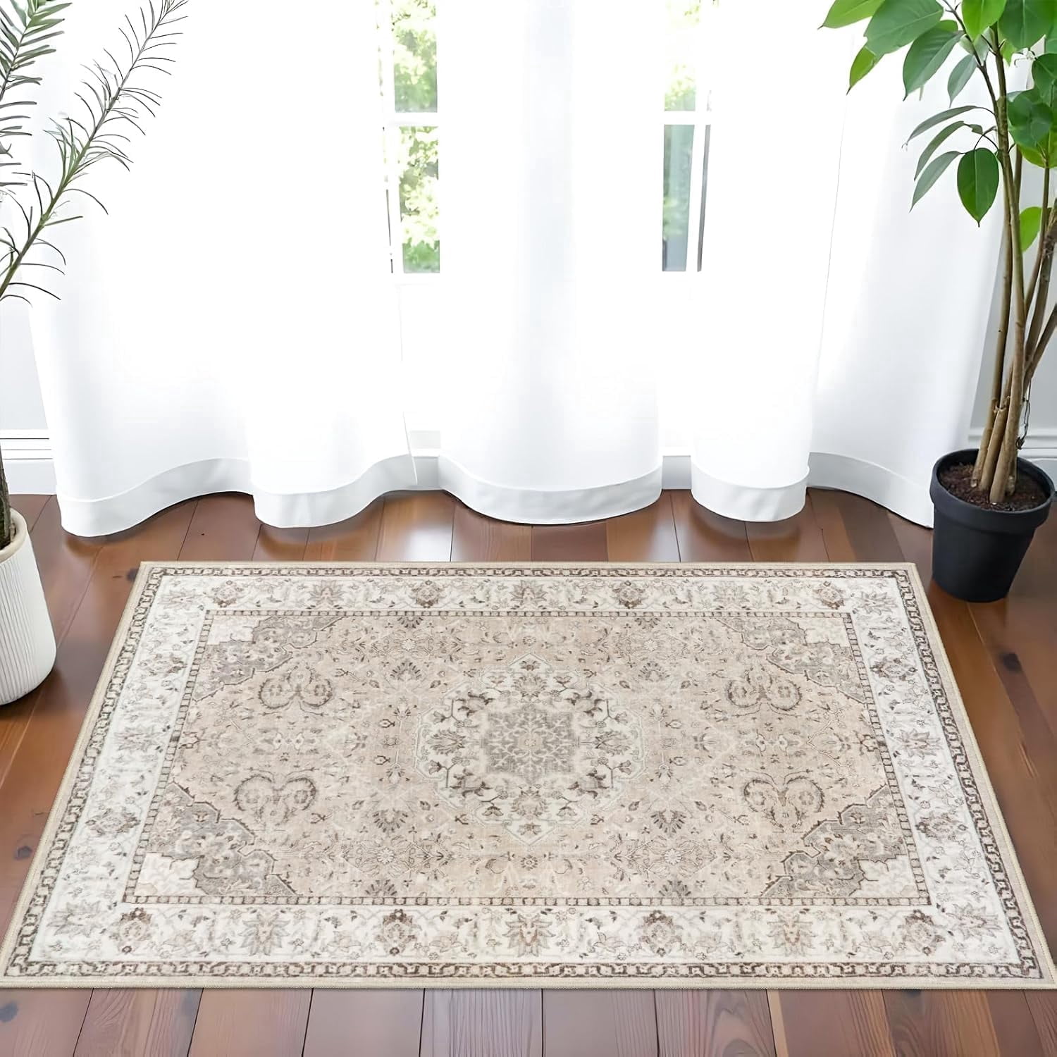 YOUFORTONG 2x3 Vintage Indoor Area Rug, Neutral Washable Non-Slip Farmhouse Rug,Soft Low-Pile Carpet for Entryway Kitchen Living Room Bedroom,Beige