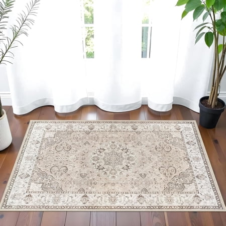 YOUFORTONG 2x3 Vintage Indoor Area Rug, Neutral Washable Non-Slip Farmhouse Rug,Soft Low-Pile Carpet for Entryway Kitchen Living Room Bedroom,Beige