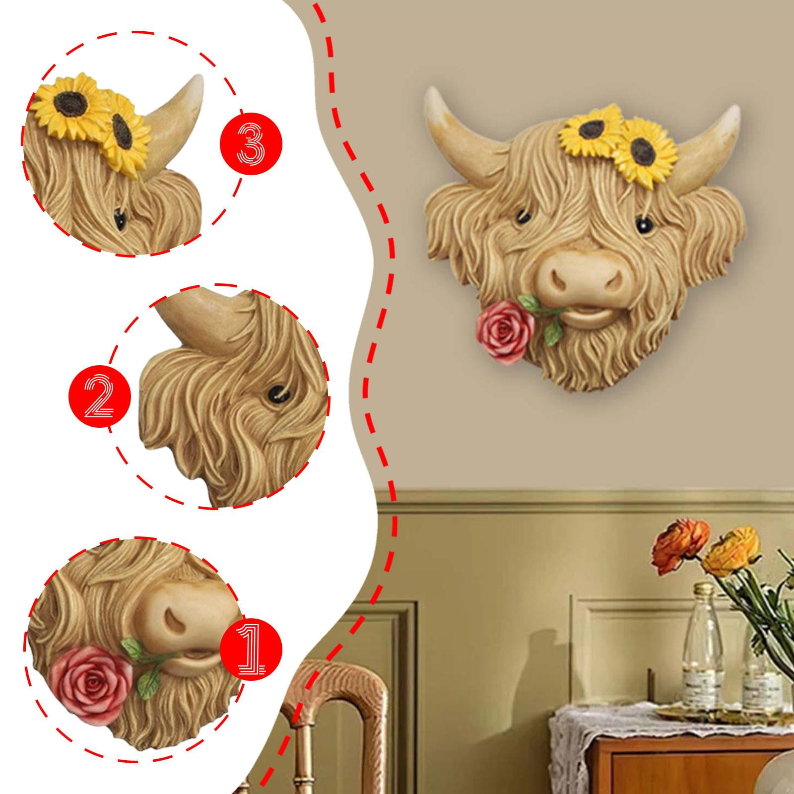 Highland Cow Head Wall Decor Sculpture Ornament Resin Build for Garden Balcony Entryway and Home