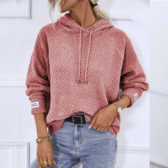 Lilgiuy Ladies Solid Color Hooded Pullover Casual Sweater Top Women，Red,L