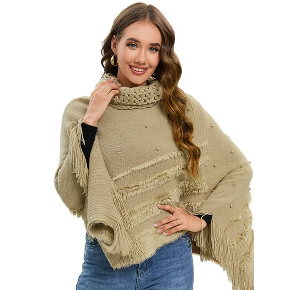 Women's Poncho Sweater Shawl Warm Wrap Hooded Cape with Fringe for Indoor and Outdoor