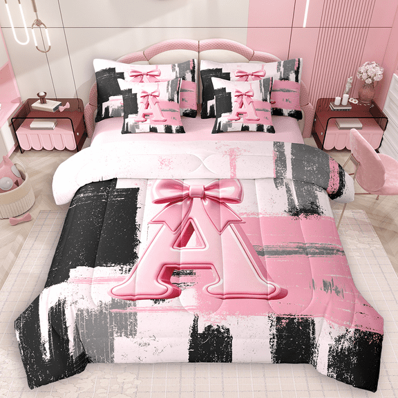 Manfei Black Pink Ombre Twin Bedding Sets 7pcs for Girls, Bow Knot Monogrammed Bedding Comforter Set, Personalized Letter A Sheet Sets, Super Cozy Room Decor