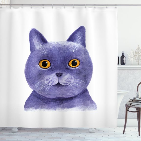 Ambesonne Cat Shower Curtain, Watercolor Purple Goofy Kitty, 69"Wx70"L, Purple Marigold and Quartz