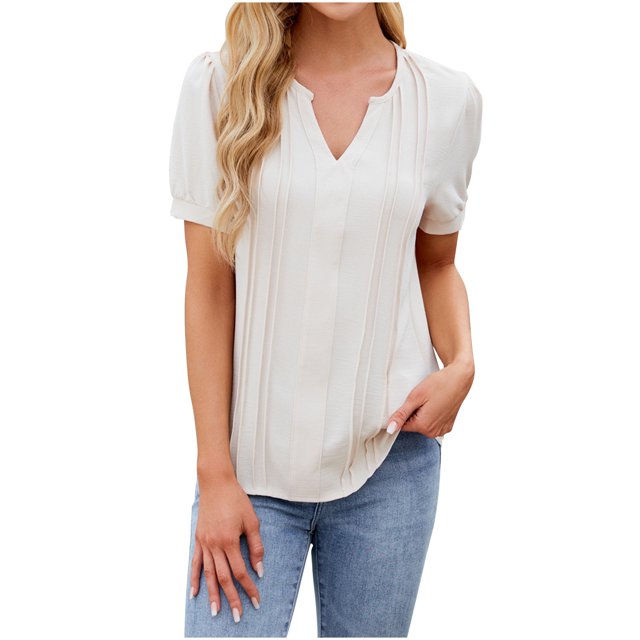 V Cuello Manga Corta Tops para las Mujeres Primavera Verano Moda Color Sólido Camiseta, Imitación Algodón