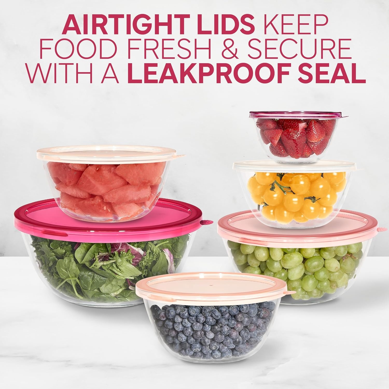 COOK WITH COLOR, Glass Mixing Bowls, 6 Borosilicate, Lids, 12