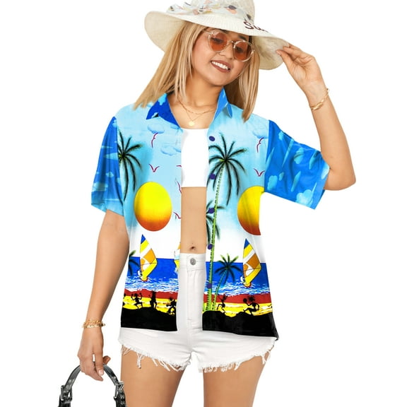 HAPPY BAY Women's Casual Beach Hawaiian Short Sleeve Blouse Shirt Cute Blouses Button Down Dress Tops Tee Shirts Tank Top Women L plus-size Seashore, Blue