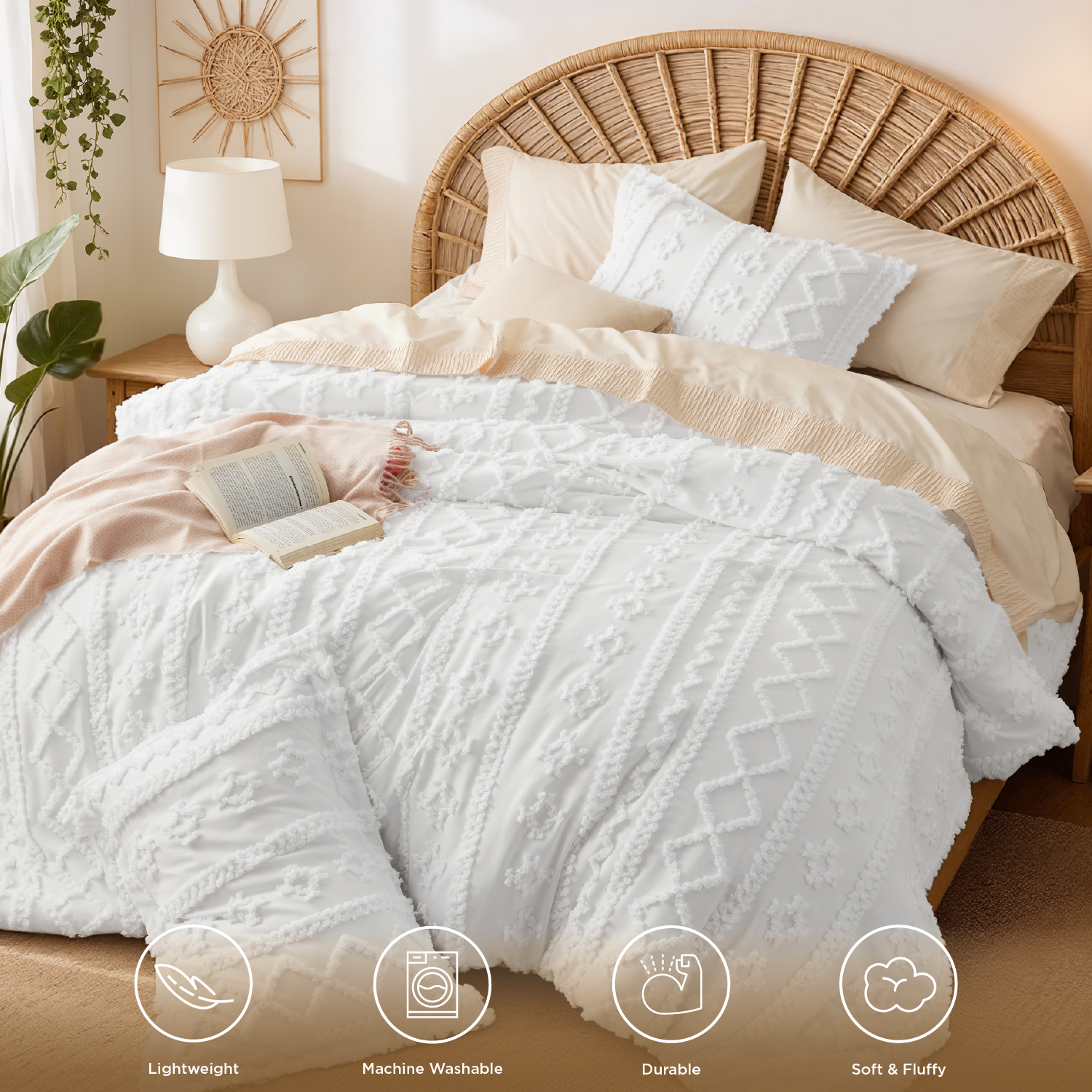 U by Bedsure Tufted Boho Comforter Set, 2 Pieces Farmhouse Shabby Chic Embroidery Bed Set, Soft Jacquard Comforter for All Seasons,Twin,Pure White