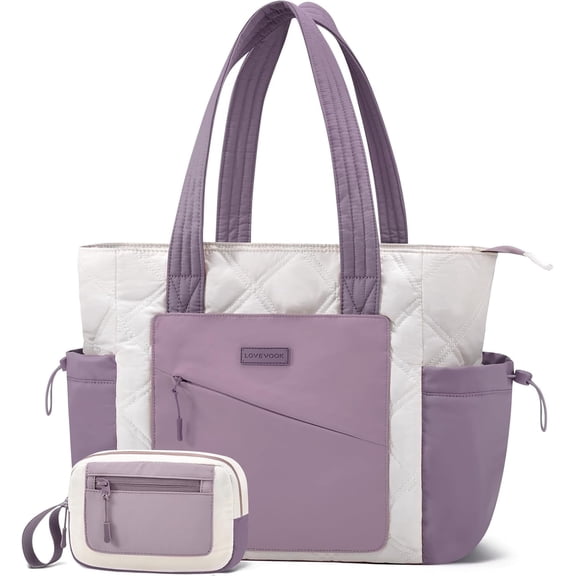 LOVEVOOK Tote Bag for Women, Puffer Bag and Work Bags with Zipper for Travel, Daily, School, Quilted Nurse Shoulder, 2pcs