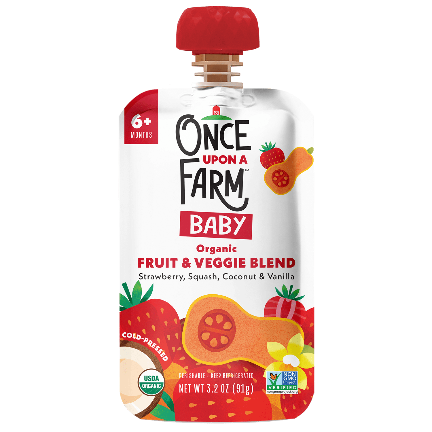 Once Upon a Farm Organic Refrigerated Baby Food Fruit & Veggie Blend Strawberry, Squash, Coconut & Vanilla, 3.2oz Pouch