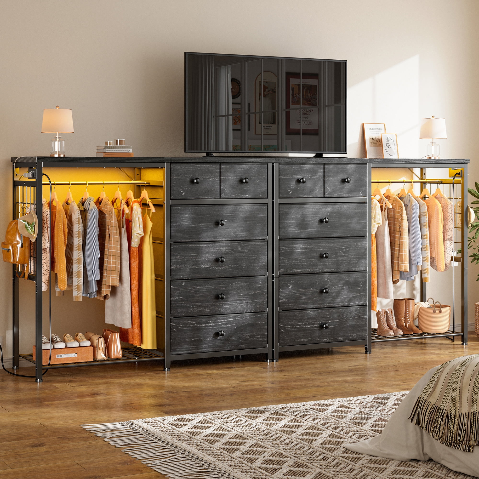 Snhomee Dresser with Clothes Rack 6 Drawer Dresser with Clothing Rack for Hanging Clothes Black Dresser with Fabric Drawers & Charging Station