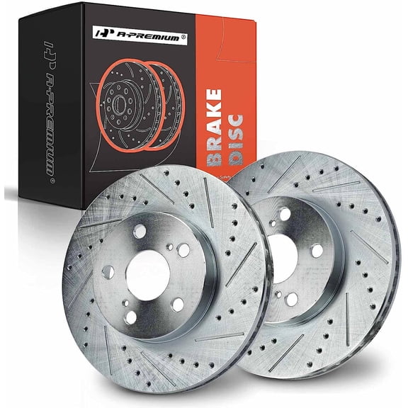 A-Premium Front Vented Drilled and Slotted Disc Brake Rotors Set Compatible with Toyota Prius 2010-2015 Lexus CT200h 2011-2017