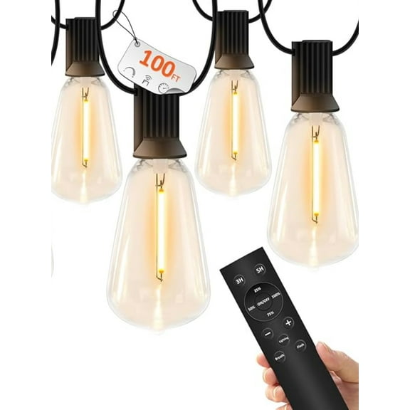 100 FT Outdoor String Lights for Outside – LED Patio Lights Waterproof with Dimmer Remote – Hanging Lights Shatterproof ST38 Vintage Edison Bulbs Porch Backyard Cafe Bistro (Max 300 FT)