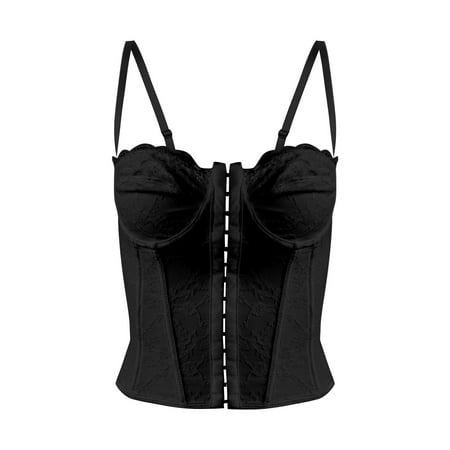 

Cathalem Lace Bustier Top Womens Summer Lace Bustier Mesh Vintage Spaghetti Strap Open Back Boned Long Layering Top Women Vest Black Large