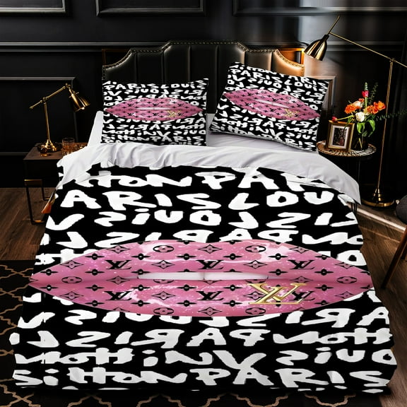 3-Piece Black and White Patterned Duvet Cover Set Text and Pink Lips Design Elegant Bedroom Decor