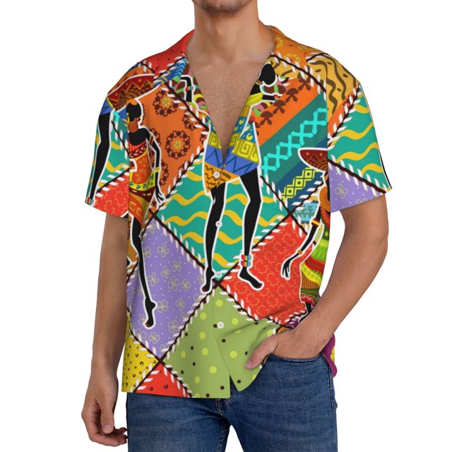 Balery Dancing African Womans Camisa Casual de Manga Corta con Botones para Hombre, Texturizada, Estilo Cubano, para Playa, Verano-Medium
