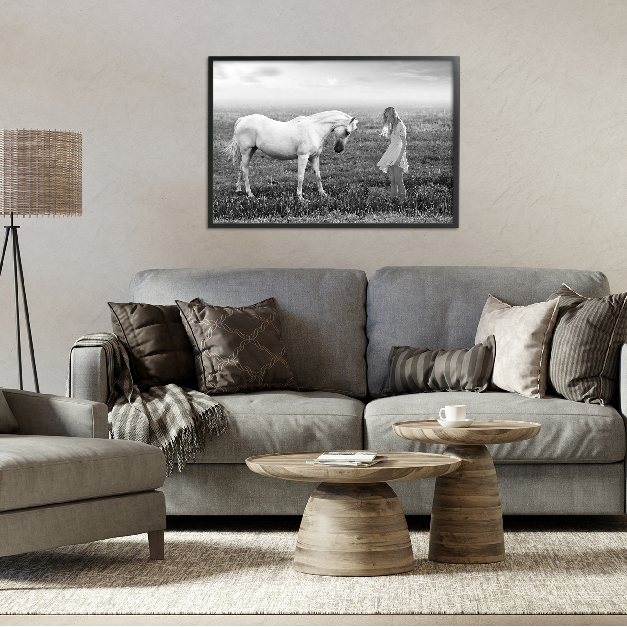 Her White Horse Black Framed Giclee Art, design by Ata Alishahi