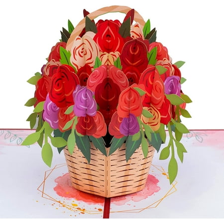 Basket of Roses Pop Up Card, Handmade 3D Popup Greeting Cards for ...