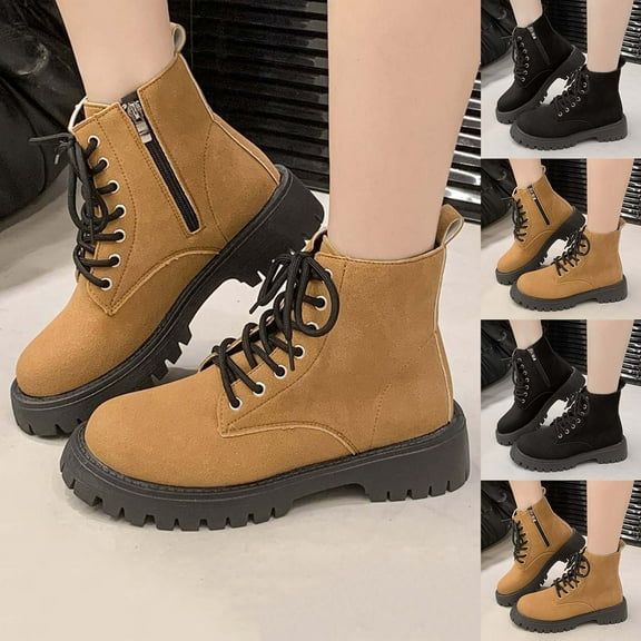 Yellow Boots TKYCMSUAKI Ankle Boots for Women Platform Sole Combat Booties Lace Up Low Block Chunky Heel Side Zipper Fall Winter Military Boot Shoes