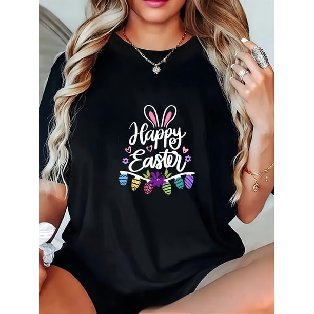 Women'S Easter Bunny Graphic T-Shirt, Crew Neck, Casual Short Sleeve Tee with Cartoon Pattern, for Spring/Fall
