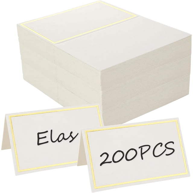 Woeilo 200 PCS Place Cards with Gold Foil Border, Paper Name Place Cards for Table Setting, Blank Table Tent Place Cards for Weddings, Banquets, Birthday Events, Dinner Parties and any