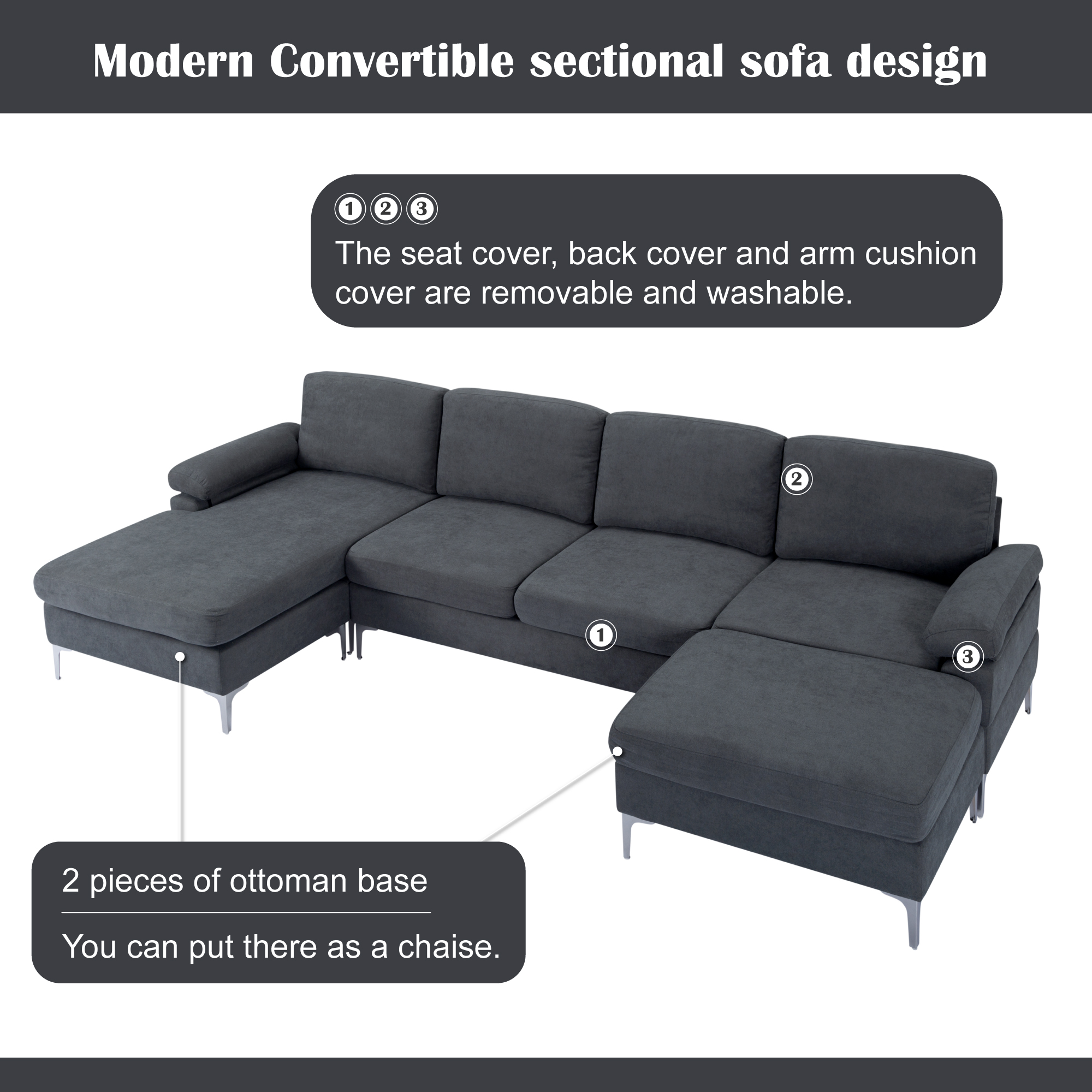 Oversized U-Shaped Sectional Sofa Couch,Convertible Modular Sofa,Upholstered Sleeper Sofa Couches with Reversible Chaise Lounge and Movable Ottomans for Living Room,Dark gray
