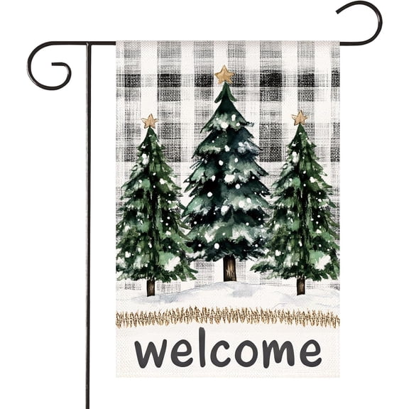 Double Sided Winter Welcome Flag 12x18 Inch Burlap Christmas Green Trees Plaid Xmas Outdoor Yard Decor