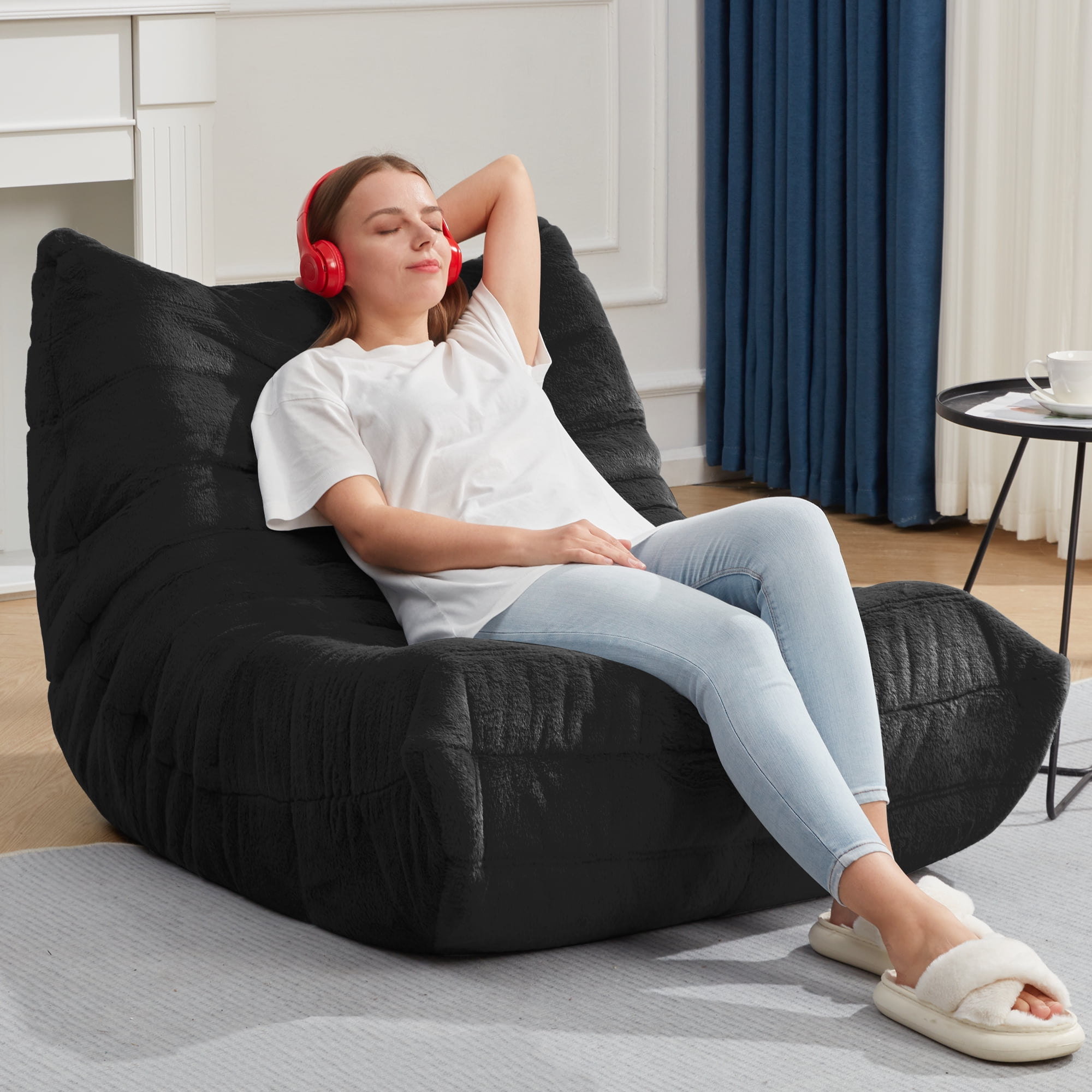 Hobestluk Bean Bag Chairs for Adults Giant BeanBag Chair Sofa Memory Foam Bean Bag Chair Faux Fur Fireside Bean Bags Big Lazy Sofa for Living Room Bedroom Dorm Office (Black Plush)